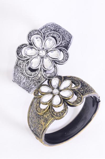 Bracelet Bangle Acrylic Hinge Flower Antique / 12 pcs = Dozen Hinge , Size - 2" x 2.75" Dia Wide , 6 Antique Gold , 6 Antique Silver Mix , Hang Tag & Opp Bag & UPC Code 