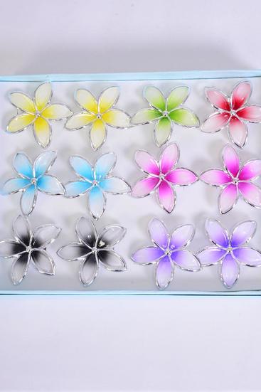 Rings Poly Flower Gradient Pastel Color Asst / 12 pcs = Dozen Adjustable , Flower Size-2" Wide , 2 Fuchsia , 2 Purple , 2 Yellow , 2 Blue , 2 Black , 1 Red , 1 Lime Color Mix