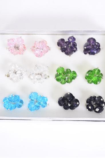 Rings Glass Crystal Charms Multi / 12 pcs = Dozen Adjustable , Width 1.25" Wide , 2 of each Color Asst , 1DZ Velvet Ring Display Window Box , W OPP bag & UPC Code 