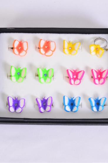 Rings Butterfly Multi / 12 pcs = Dozen Adjustable , Paint Polymer Clay , Butterfly-1" x 1"Wide , 2 of each Color Asst .