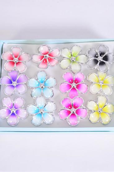 Rings Aloha Poly Flower 2 Tones Multi / 12 pcs = Dozen Adjustable , Flower Size - 1.5" Wide , 2 Fuchsia , 2 Purple , 2 Yellow , 2 Blue , 2 Black , 1 Red , 1 Lime Color Mix