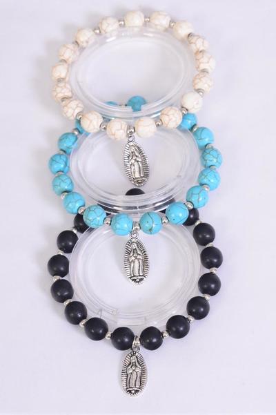 Bracelet 10 mm Semiprecious Stone Mother Virgin Mary Charm Stretch / 12 pcs = Dozen 4 Black , 4 Ivory , 4 Turquoise Asst , Hang Tag and OPP Bag and UPC Code