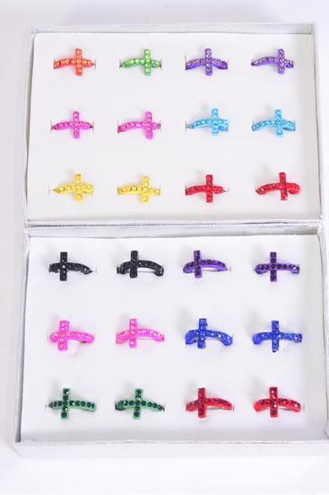 Rings Color Cross Rhinestones W Color Beads Stretch / 12 pcs = Dozen Stretch , 1Dz Velvet Display Window Box & OPP Bag & UPC Code , Choose Colors