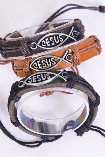 Bracelet Real Leather Band Silver Jesus Fish Symbol / 12 pcs = Dozen Unisex , Adjustable , 4 of each Pattern Mix , Individual Hang tag & OPP Bag & UPC Code