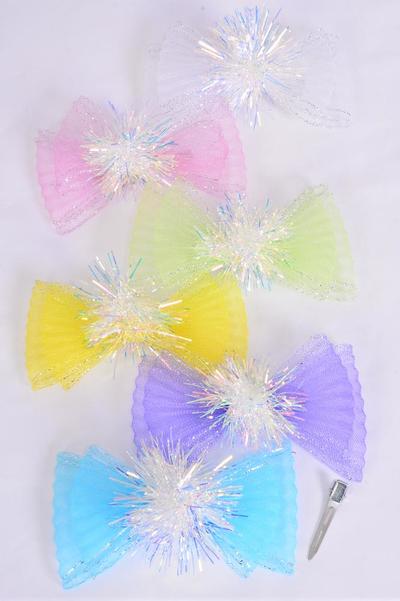 Hair Bow Jumbo Iridescent Grosgrain Bow-tie Pastel / 12 pcs Bow = Dozen Pastel , Alligator Clip , Size - 6" x 4" Wide , 2 of each Color Asst , Clip Strip & UPC Code