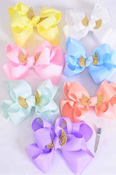 Hair Bow Jumbo Double Layered Gold Angel Wings Grosgrain Bow-tie Pastel / 12 pcs Bow = Dozen  Alligator Clip , Size - 6" x 5" , 2 White , 2 Baby Pink , 2 Lavender , 2 Blue , 2 Yellow , 1 Peach , 1 Mint Color Asst , Clip Strip & UPC Code