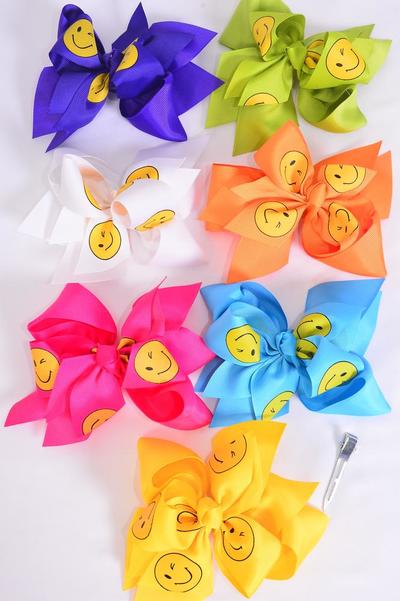 Hair Bow Jumbo Emoji Smiley Face Double Layered Grosgrain Bow-tie Citrus / 12 pcs Bow = Dozen  Alligator Clip , Size - 6" x 5" Wide , 2 Fuchsia , 2 Blue , 2 Yellow , 2 Purple , 2 White , 1 Lime , 1 Orange Color Mix , Clip Strip & UPC Code