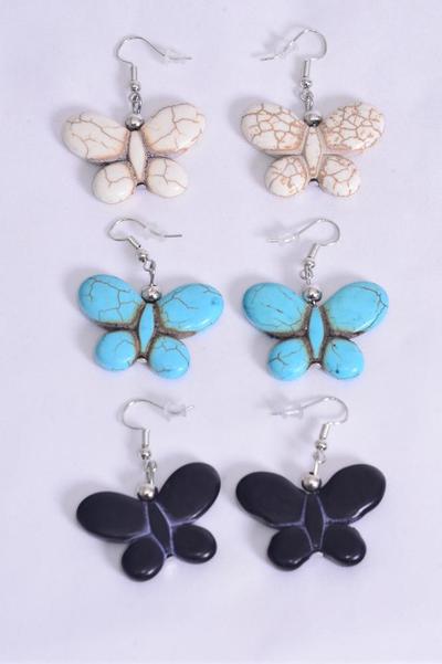 Earrings Butterfly Hand Carved Double Sided Real Semiprecious Stone / 12 pair = Dozen    Fish Hook , Size - 1.25" x 1" Wide , 4 Black , 4 Ivory , 4 Turquoise Asst , Earring Card & OPP Bag & UPC Code