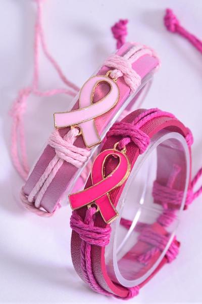 Bracelet Real Leather Band Pink Ribbon /  12 pcs = Dozen  Pull-String , Adjustable , 6 of each Pattern Mix , Individual Hang Tag & OPP Bag & UPC Code