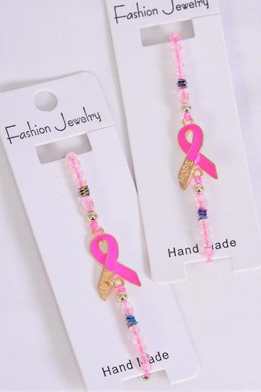 Bracelet  Enamel Pink Ribbon hope / 12 pcs = Dozen Breast Cancer Awareness , Pull-String , Adjustable , Individual Hang Tag & OPP Bag & UPC Code