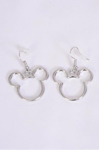 Earrings Metal Mouse Ear Silver / 12 pair = Dozen  Fish Hook , Face Size-1.15" Wide , Earring Card & OPP Bag & UPC Code