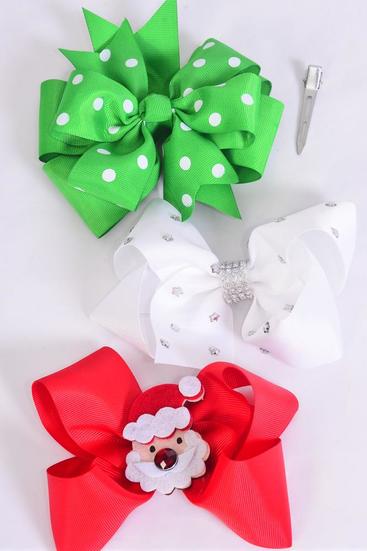 Hair Bow Jumbo XMAS Mix Grosgrain Bow-tie / 12 pcs Bow = Dozen Christmas , Alligator Clip , Size-6"x 5" Wide , 4 of each Pattern Asst , Clip Strip & UPC Code.