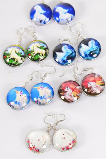 Earrings Unicorn Double Sided Glass Dome / 12 pair = Dozen   match 70105 Fish Hook , Size-0.75" Wide , 2 of each Design Asst , Earring Card & OPP Bag & UPC Code