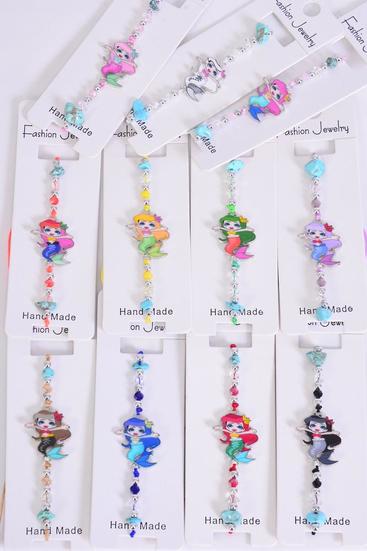 Bracelet Mermaid Enamel Glass Crystal Iridescent Multi / 12 pcs = Dozen  Match 00092 Pull-String , Adjustable , 12 Color Mix , Individual Hang Tag & OPP Bag & UPC Code