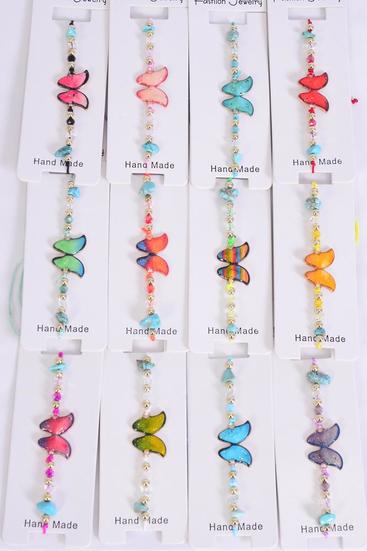 Bracelet Enamel Silver Glitter Butterfly Glass Crystal Iridescent Multi / 12 pcs = Dozen  Pull-String , Adjustable , 12 Pattern Mix , Individual Hang Tag & OPP Bag & UPC Code