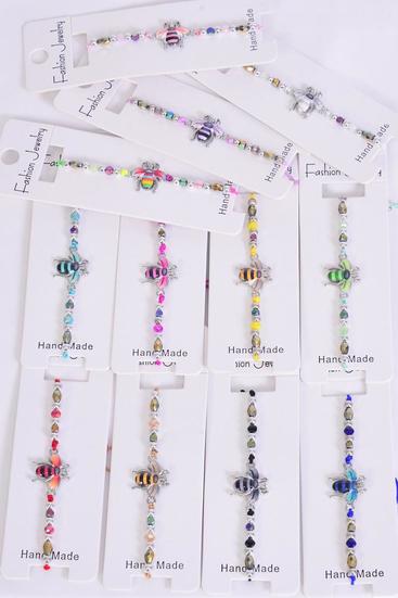 Bracelet Enamel Honey Bee Multi / 12 pcs Bow = Dozen Pull-String , Adjustable , 12 Pattern Mix , Individual Hang Tag & OPP Bag & UPC Code