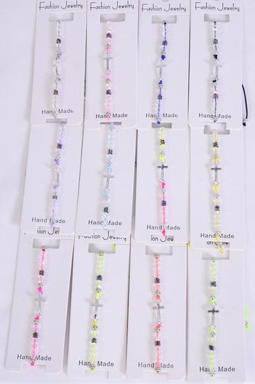 Bracelet Sideways Cross Silver Crystal Multi / 12 pcs = Dozen  Pull-String , Adjustable , 12 Color Mix , Individual Hang tag & OPP Bag & UPC Code