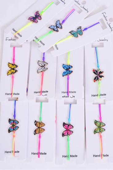 Bracelet Butterfly Enamel Gradient Tiedye Strings Multi / 12 pcs = Dozen Pull String , Adjustable , 12 Pattern Asst , Individual Hang tag & OPP Bag & UPC Code