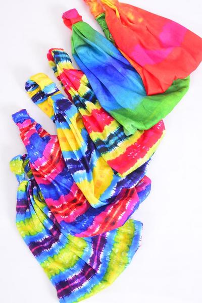 Headband Turban Wide Cotton Stretchy Gradient Tiedye Multi / 12 pcs = Dozen Stretch , Wedth - 8.5", 2 of each other Pattern Mix , Individual Hang Tag & OPP Bag & UPC Code