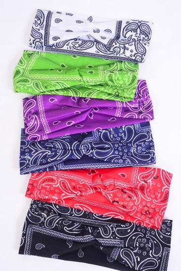 Headband Twisted Knot Cotton Stretch Bandana Paisley Pattern Mix / 12 pcs = Dozen Stretch , Weith - 2.5" Wide , 2 of each Color Asst , Hang Tag & OPP Bag & UPC Code