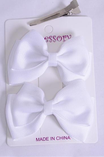 Hair Bows 24 pcs Double Layered Grosgrain Bowtie White / 12 Pair = Dozen  White , Alligator Clip , Bow Size - 3" x 2" Wide , 2 pcs per Card , 12 card = Dozen