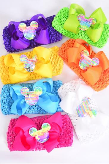 Ballerina Headband Mouse Ear Charm Grosgrain Bow-tie Citrus / 12 pcs = Dozen   Stretch , Ballerina - 2.75" Bow - 5" x 4" , 2 White , 2 Fuchsia , 2 Purple , 2 Yellow , 2 Blue , 1 Lime , 1 Orange Mix , Hang Tag & OPP Bag & UPC Code