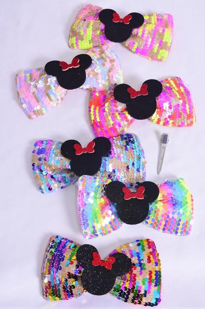 Hair Bow Flip Sequin Iridescent Center Mouse Ear Charm Multi / 12 pcs = Dozen Alligator Clip , Size - 6" x 4" Wide , 3 Multi , 3 Rainbow , 2 Of each Other Color Mix , Clip Strip & UPC Code