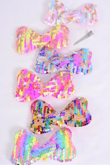 Hair Bow Flip Sequin Iridescent Center Heart Charm Multi / 12 pcs = Dozen Alligator Clip , Size - 6" x 4" Wide , 3 Multi , 3 Rainbow , 2 Of each Other Color Mix , Clip Strip & UPC Code