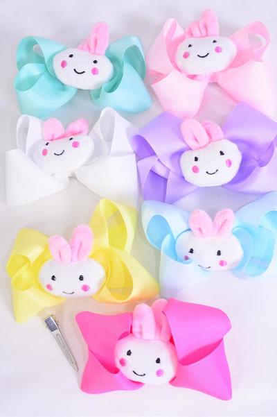 Hair Bow Jumbo Easter Bunny Stuffed Toy Charm Grosgrain Bow-tie Pastel / 12 pcs Bow = Dozen Alligator Clip , Size-6" x 5 Wide , 2 White ,2 Baby Pink , 2 Lavender, 2 Hot Pink , 2 Mint Green, 1 Blue , 1 Yellow Color Asst , Clip Strip & UPC Code