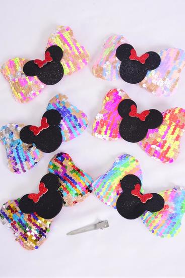 Hair Bow Flip Sequin Iridescent Center Mouse Ear Charm Multi / 12 pcs Bow = Dozen Multi , Alligator Clip , Size - 6" x 4" Wide , 3 Multi , 3 Rainbow , 2 Of each Other Color Mix , Clip Strip & UPC Code