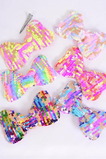 Hair Bow Flip Sequin Iridescent Center Mouse Ear Charm Multi / 12 pcs = Dozen Alligator Clip , Size - 6" x 4" Wide , 3 Multi , 3 Rainbow , 2 Of each Other Color Mix , Clip Strip & UPC Code