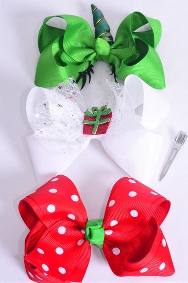 Hair Bow Jumbo Christmas Theme Pattern Mix Grosgrain Bow-tie / 12 pcs Bow = Dozen Christmas , Bow Size - 6" x 5", Alligator Clip , 4 of each Pattern Asst , Clip Strip & UPC Code