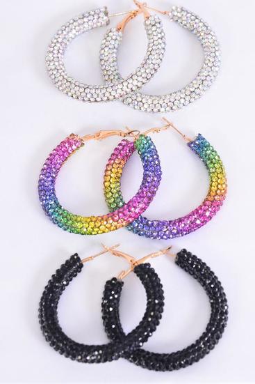 Earrings Hoop Black Rainbow Iridescent Color Mix / 12 pair = Dozen Post , Size - 2" Wide , 4 Black , 4 Rainbow , 4 Iribescent Color Asst , Earring Card & OPP Bag & UPC Code