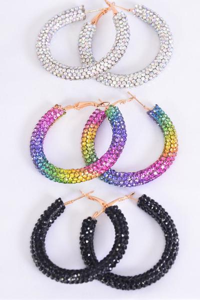 Earrings Loop Black Rainbow Iridescent  Color Mix /  12 pair = Dozen Post , Size - 2" Wide , 4 Black , 4 Rainbow , 4 Iribescent Color Asst , Earring Card & OPP Bag & UPC Code