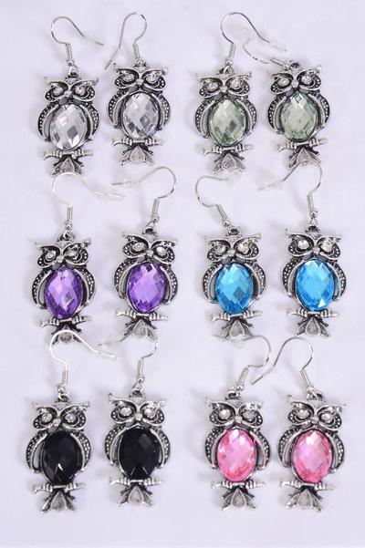 Earrings Metal Antique Silver Owl Acrylic Diamond Cut Stones Multi / 12 pair = Dozen match 27067 70128  Fish Hook , Owl Size - 1.25" x 0.75" Wide , 2 of each Color Asst , Earring Card & OPP Bag & UPC Code