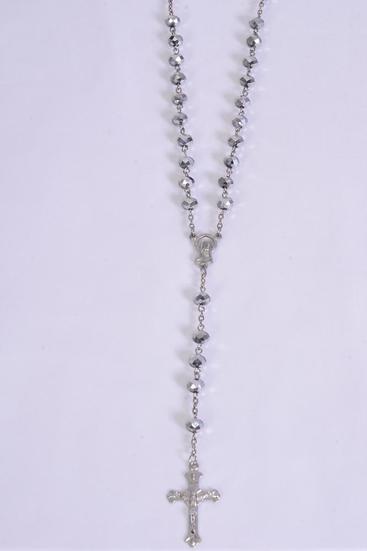 Necklace 10 mm Glass Crystal Silver Crucifix Mother Virgin Mary Rosary / PC Silver , 32" Long , Hang Tag & OPP Bag & UPC Code