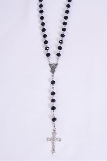 Necklace 10 mm Glass Crystal Black Crucifix Mother Virgin Mary Rosary / PC Black , 32" Long, Hang Tag & OPP Bag & UPC Code