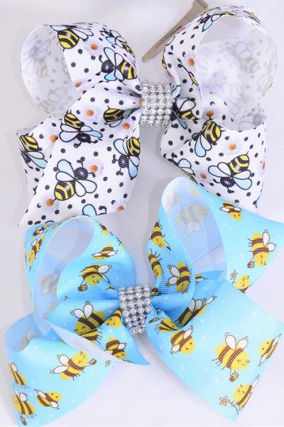 Hair Bow Jumbo Cute Honey Bees Mix Grosgrain Bow-tie / 12 pcs Bow = Dozen Alligator Clip , Size - 6" x 5" Wide , 6 Of each Pattern Asst , Clip Strip and UPC Code