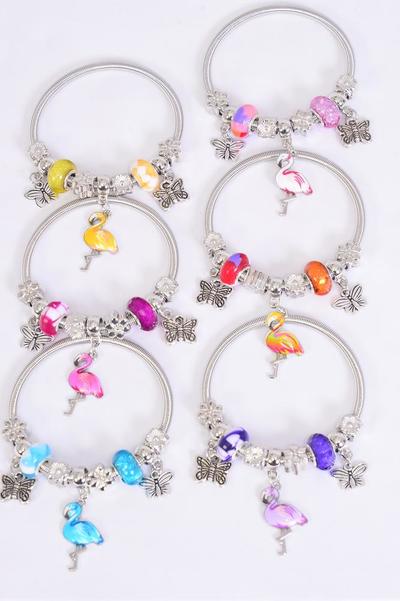 Bracelet Charm Bracelet Enamel Flamingo Butterfly Charm Mix / 12 pcs = Dozen match 00093 Multi , 2 Of Each Pattern Asst , Hang Tag & Opp Bag & UPC Code