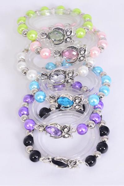 Bracelet Owl Acrylic Stone Pearl Multi / 12 pcs = Dozen  match 03171 Stretch , Owl - 1.25" x 0.75" Wide , 2 Of Each Pattern Asst , Hang Tag & OPP Bag & UPC Code