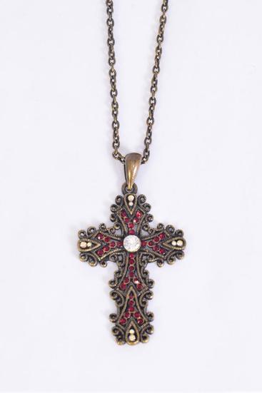 Necklace Antique Filigree Rhinestone Cross Red / 12 pcs = Dozen REd , Cross Size - 2" x 1.5" Wide , 24'' Chain , Hang Tag & OPP Bag & UPC Code