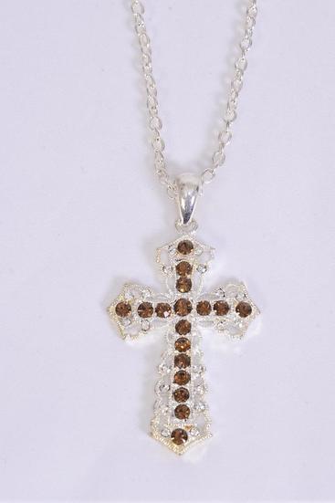 Necklace Cross Rhinestones Smoke Topaz / 12 pcs = Dozen  Smoke Topaz , Cross - 1.75" x 1.25" Wide , 24'' Chain , Hang Tag & OPP Bag & UPC Code