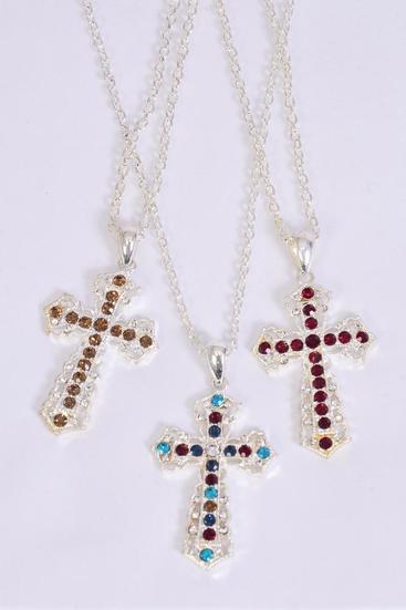 Necklace Cross Rhinestones / 12 pcs = Dozen Cross Size - 1.75" x 1.25" Wide , 24'' Chain , Hang Tag & OPP Bag & UPC Code , Choose Colors