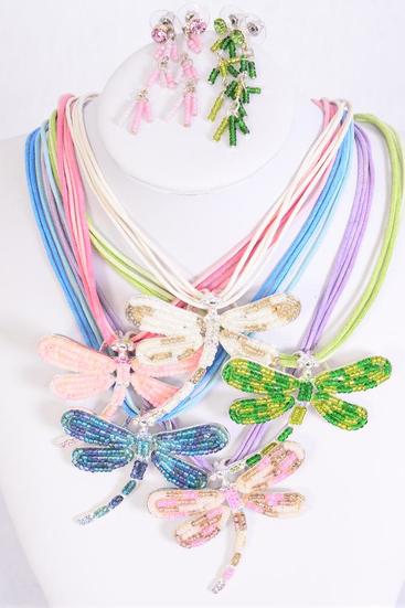 Necklace Sets Dragonfly Rhinestones Indian Bead Mix / Sets  Post , 20" Long , Dragonfly Size - 2.25" x 2" Wide , Display Card & OPP Bag & UPC Code , Choose Colors