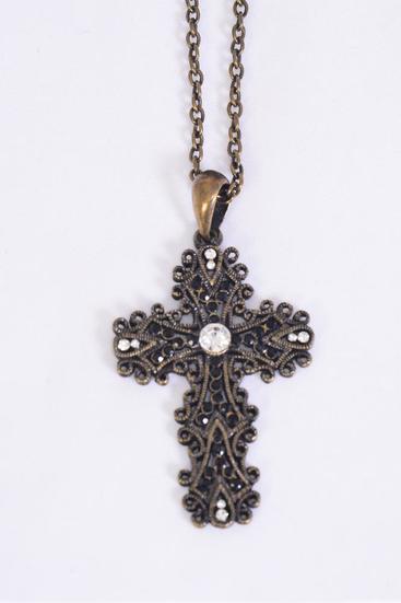 Necklace Antique Filigree Rhinestone Cross Black / 12 pcs = Dozen Black , Cross Size - 2" x 1.5" Wide , 24'' Chain , Hang Tag & OPP Bag & UPC Code