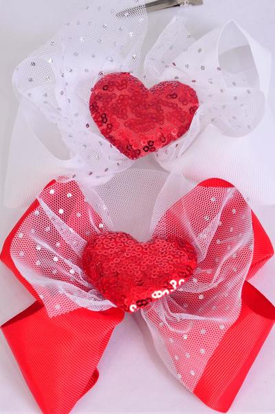 Hair Bow Jumbo Lace Center Red Metallic Puffy Heart Grosgrain Bow-tie / 12 pcs Bow = Dozen Alligator Clip , Size - 6" x 5" Wide , 6 Red , 6 White Asst , Clip Strip & UPC Code