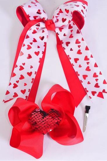 Hair Bow Jumbo Heart Pattern Mix Grosgrain Bow-tie / 12 pcs Bow = Dozen Alligator Clip , Size-6"x 5" Wide , 6 Of Each Pattern Asst , Clip Strip & UPC Code