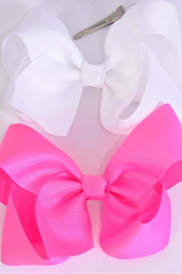 Hair Bow Jumbo White Hot Pink Mix Grosgrain Bow-tie / 12 pcs Bow = Dozen Alligator Clip , Size - 6" x 5" Wide , 6 White , 6 Hot Pink Mix , Clip Strip & UPC Code