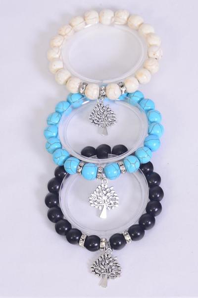 Bracelet 10 mm Semiprecious Stone Rhinestone Bezel Silver Tree Of Life Charm / 12 pcs = Dozen Stretch , 4 Black , 4 Ivory , 4 Turquoise Asst , Hang Tag & OPP Bag & UPC Code