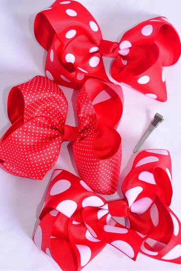 Hair Bow Jumbo Red Polka dots Mix Grosgrain Bow-tie / 12 pcs Bow = Dozen  Red Mix , Alligator Clip , Size - 6" x 5" Wide , 4 Of each Pattern Mix , Clip Strip & UPC Code